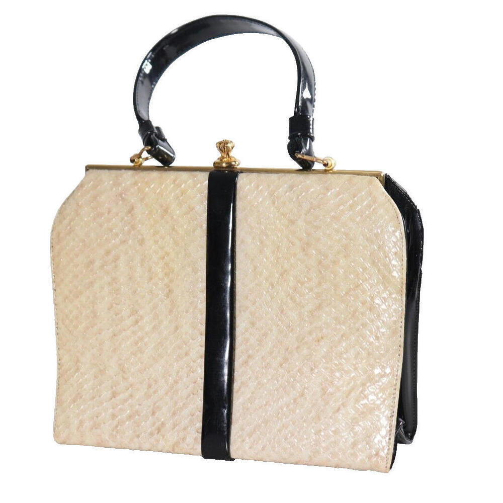Vintage Women’s Small Cream Black Patent Faux Python Snake Skin Handbag Purse - Picture 4 of 11